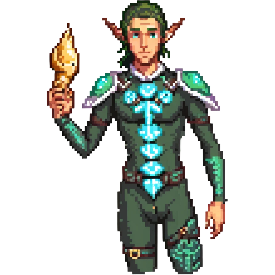 elf male Short wetsuit-style garb, glowing runes on skin, holding a conch horn. emoji