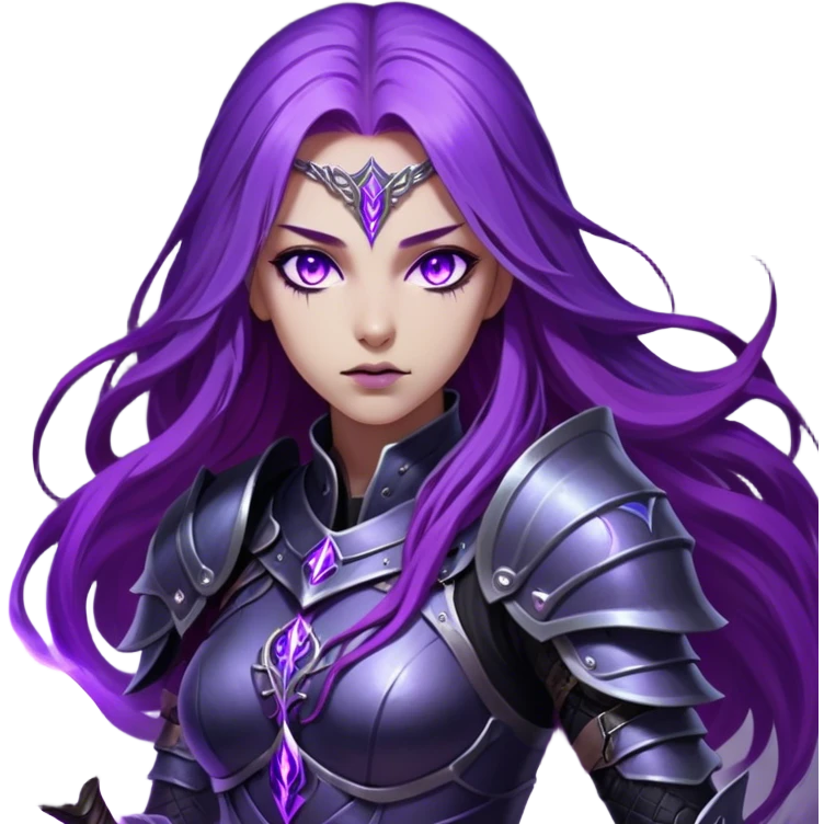 A mysterious warrior girl with long, flowing purple hair catching the dim light. Her glowing violet eyes stare forward, unwavering. She wears sleek black armor, adorned with silver runes that pulse faintly with hidden power. A dark mist swirls at her feet, hinting at the energy she commands. emoji