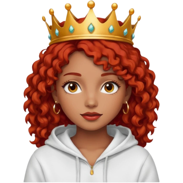 Slim girl with a fine face, dark chocolate-colored and tanned skin, medium-length curly tomato-red hair, dark eyes, medium-thick eyelashes, and a crown and hoop earrings wearing a white hooded sweatshirt.
 emoji