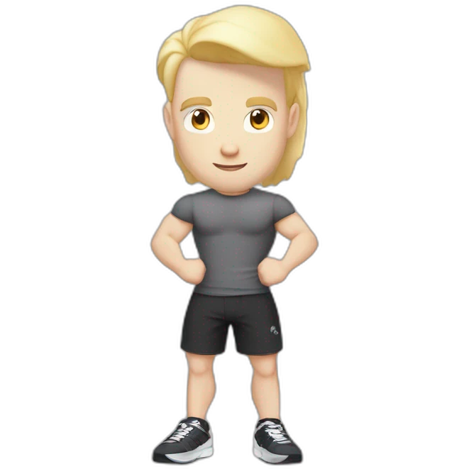 Pale skinned Fit Man With the biceps and blonde hair in black shirt, gray sports shorts and white Sneakers Writing text on the flipchart emoji