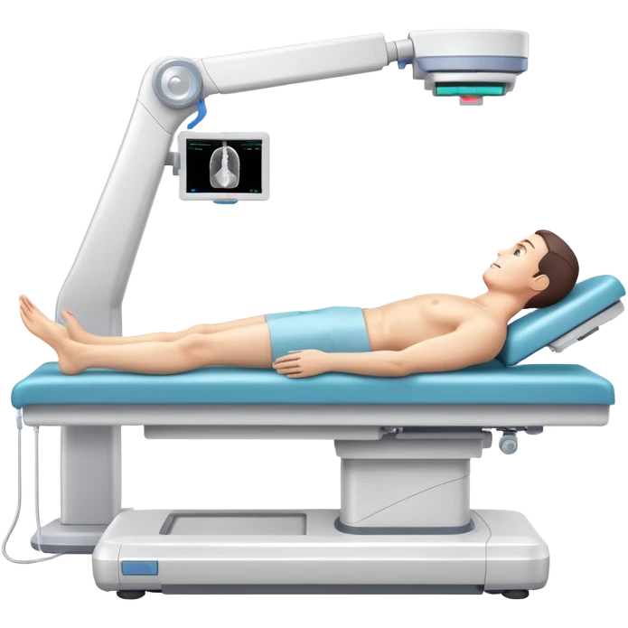 3D medical DEXA scan machine with male patient lying on examination table, bone density measurement equipment with scanning arm over patient emoji