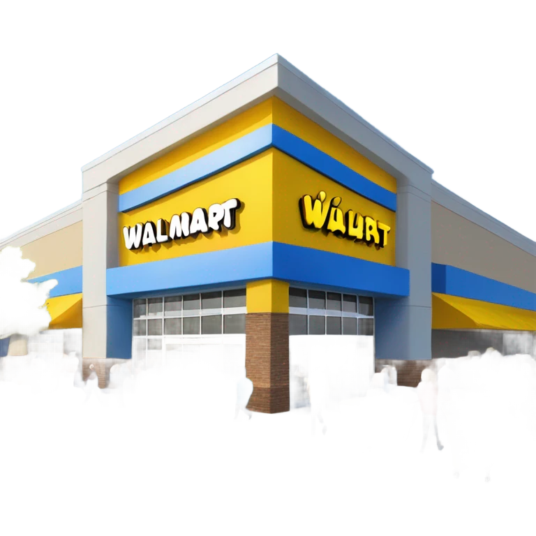 “Exterior of a Walmart store with the sunburst logo above the entrance, blue facade with yellow accents, large sliding glass doors, and shopping carts lined up outside, capturing the look of a busy retail supercenter.” emoji