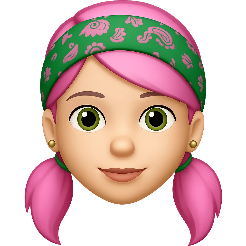 Create an image of a woman in the style of Apple emojis, featuring a green paisley bandana, pink hair, and earrings, with no background. emoji