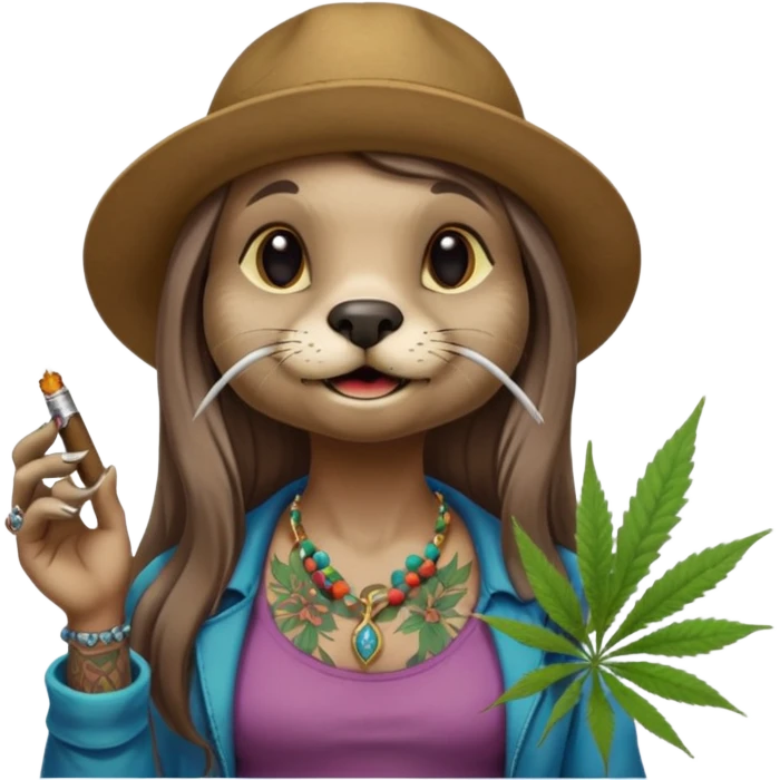 a female otter with long hair smoking a joint surrounded by marijuana fumes. a bit california hippy vibe, with tattoos and piercing emoji