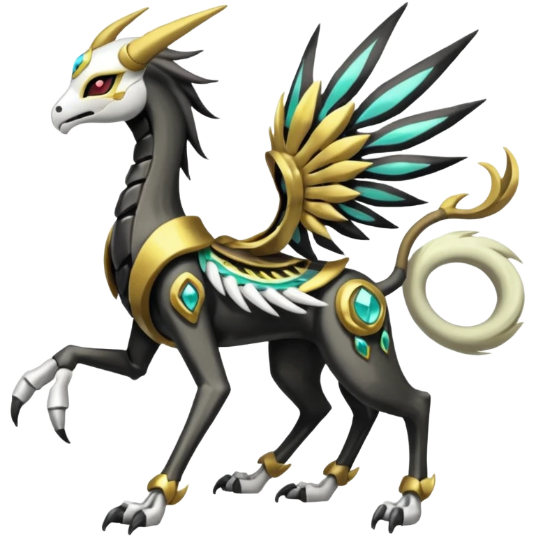 Colorful Shiny Tribal Skeletal masked armored Meloetta-Silvally-Solgaleo-Raikou-Pokémon-Digimon-Fakémon-fusion-hybrid-creature, full body emoji