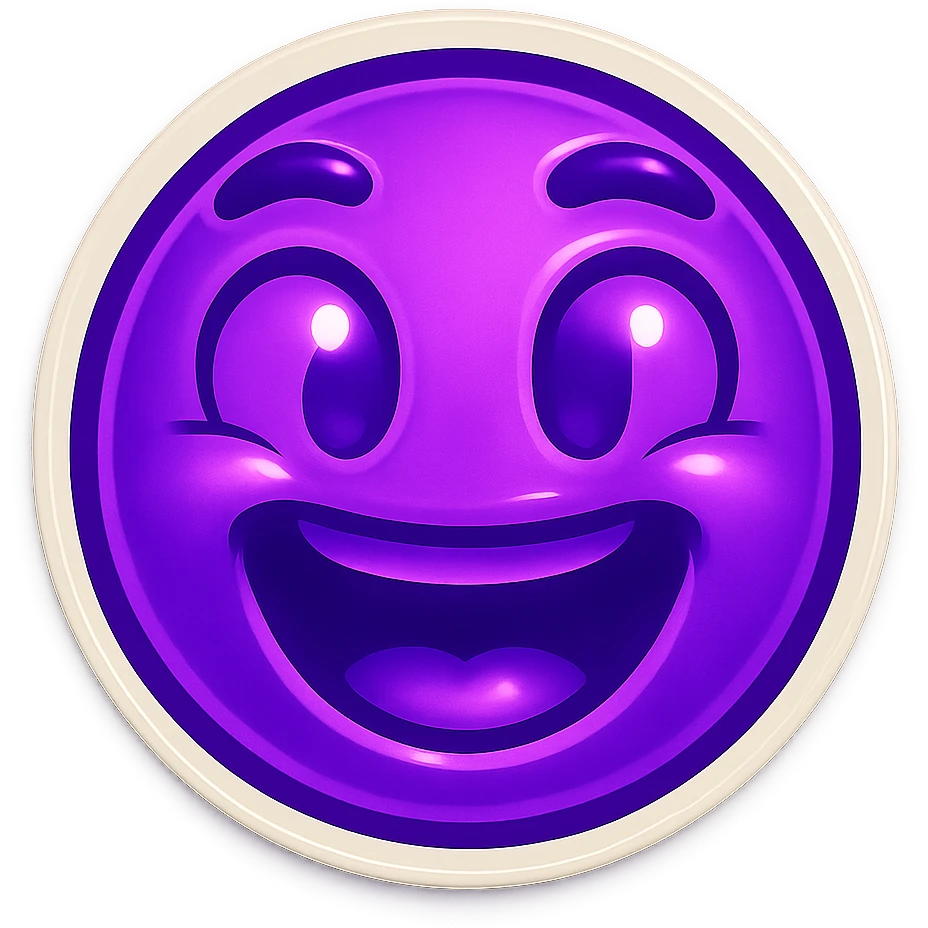A funny face emote with a neon purple theme, expressing excitement, compact and expressive emoji