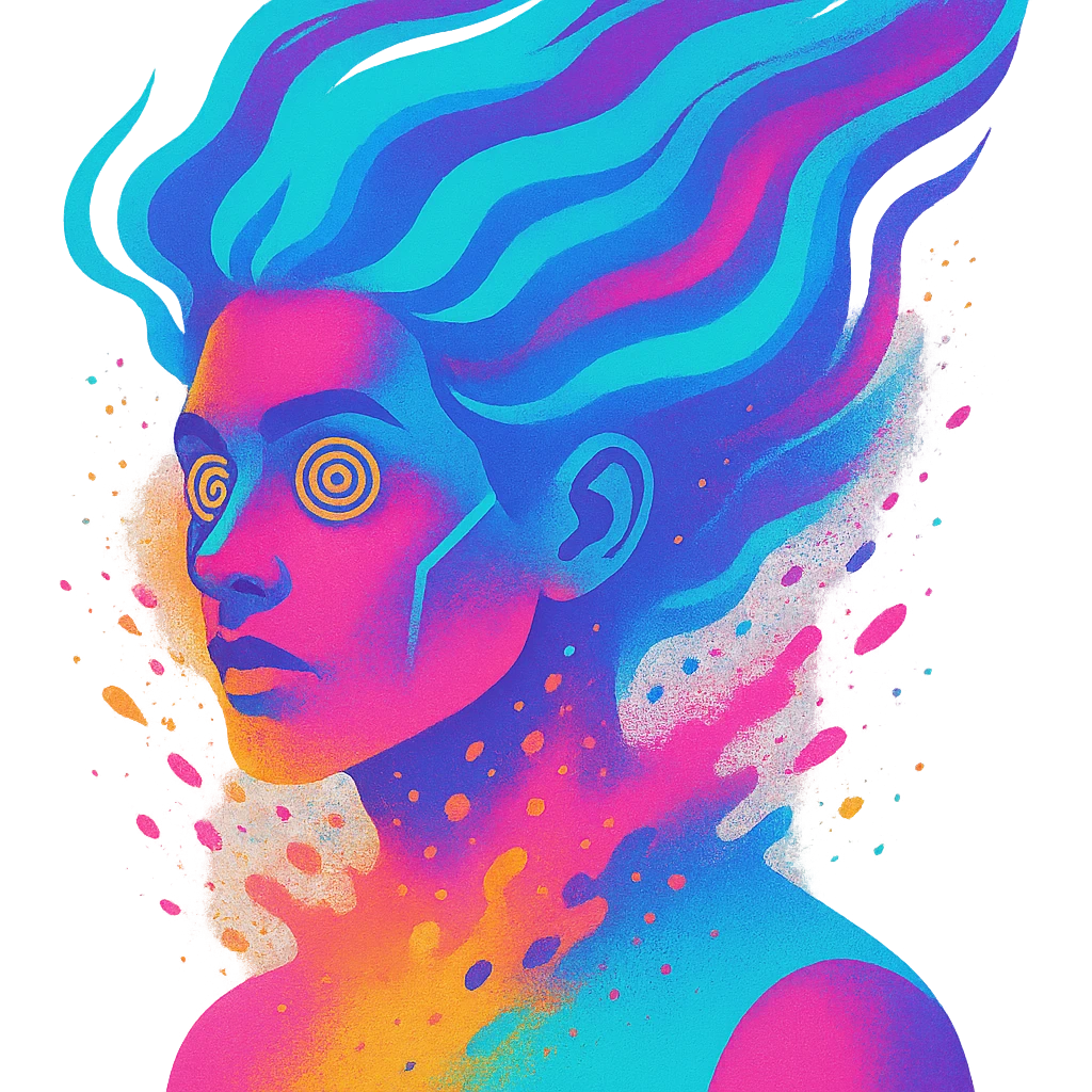 surreal portrait of a person with neon skin, face dissolving in an explosion of colors, airbrush effect, hair as swirling liquid color streams like northern lights, hypnotic spiral eyes, geometric elements along face contour, paint particles flying away, acid purple, turquoise, and electric pink blending, sense of movement emoji