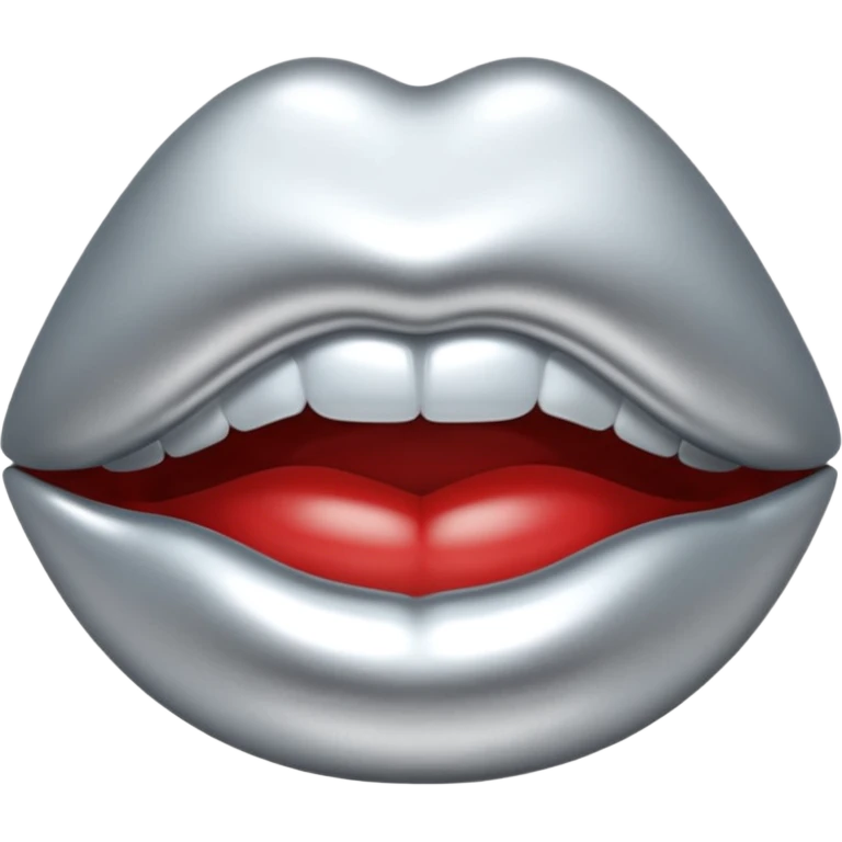 Chrome silver lips emoji, glossy metallic texture, iOS emoji style, smooth reflections, bold but minimal design, centered, silver mouth. all silver emoji