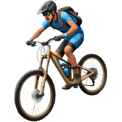 A thrilling downhill mountain biking scene! A rider in full gear speeds down a steep rocky trail, kicking up dust. The rugged mountain landscape surrounds them, with towering peaks, evergreen trees, and a bright blue sky. The rush of adventure is in the air. Transparent background. emoji