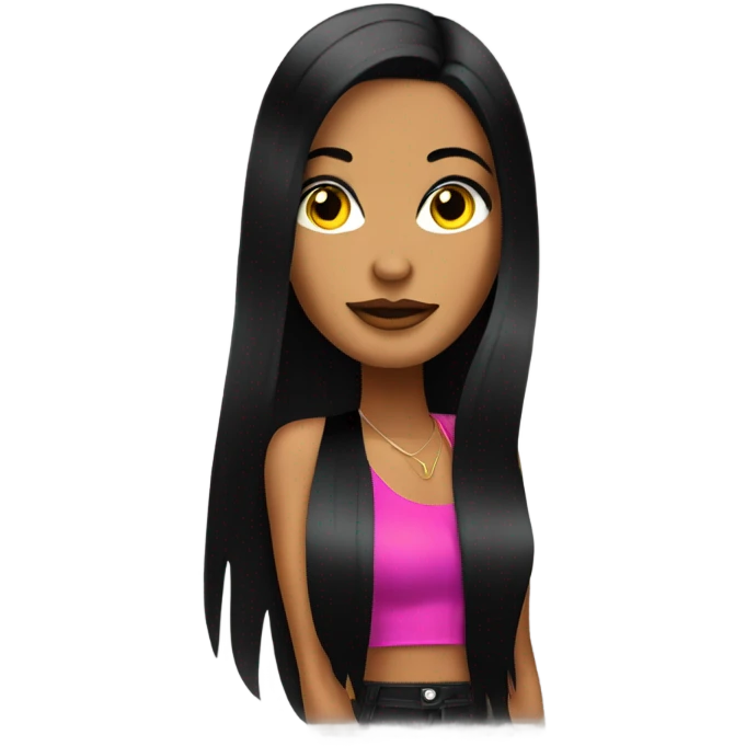 Tanned woman with long black hair dressed in Y2K R&B hair, makeup, and neon attire emoji