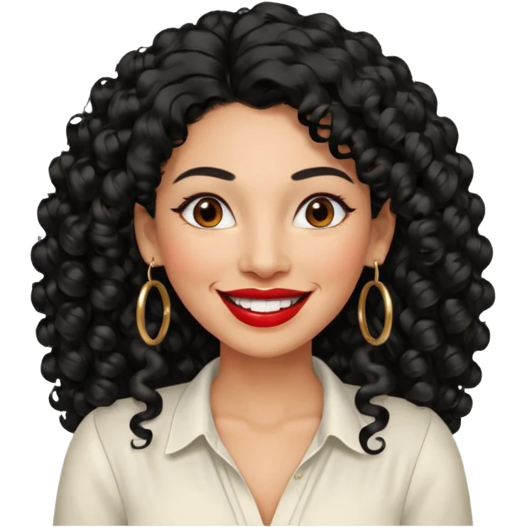 40 yr old peruvian woman, very curly long black hair, red lipstick, big smile, white teeth, brown eyes, hoop earings, side part to hair emoji