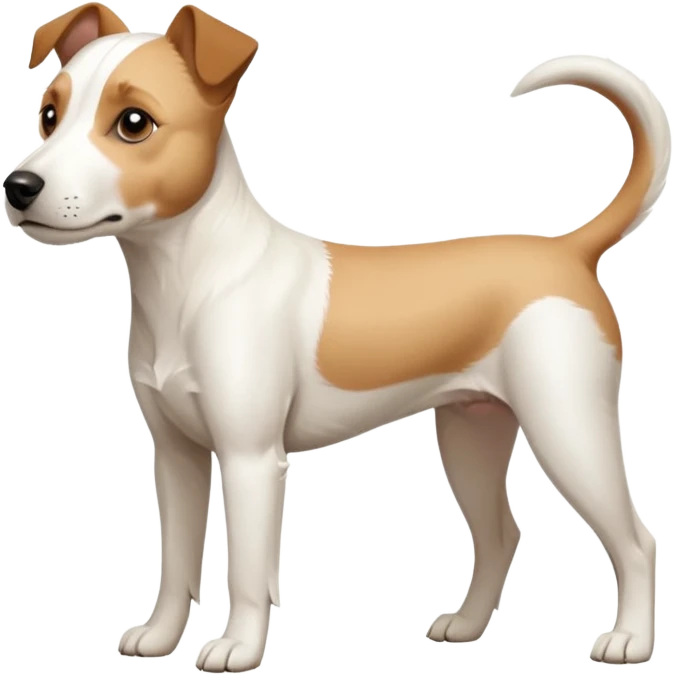 a full body facing front on of a buff white parson russell terrier looking dog the size of a kelpie with light brown long ears resting on its face and a light brown patch on one eye and a large snout. the rest of the dog is completely white.  emoji