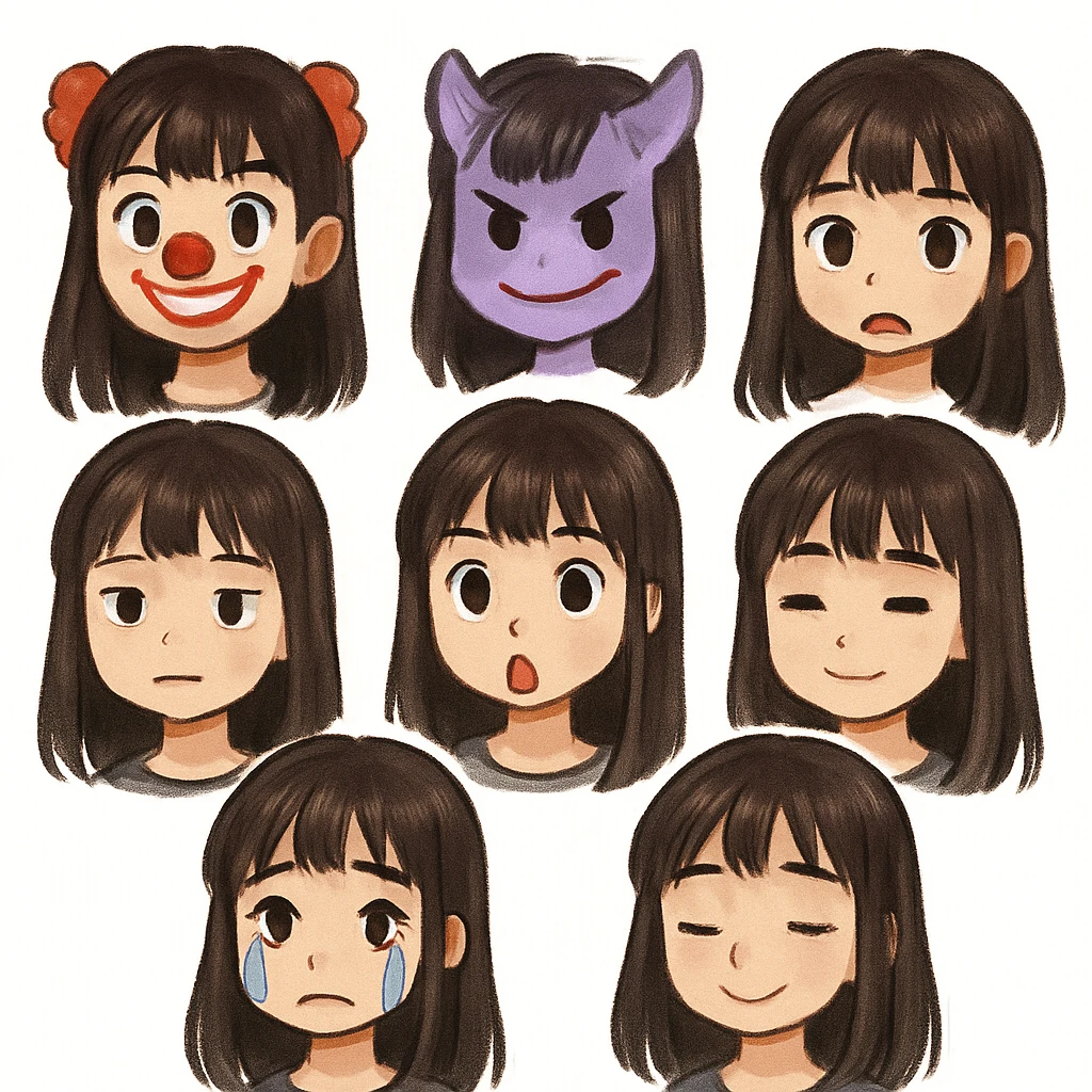 girl with long dark hair with bangs and brown eyes emoji