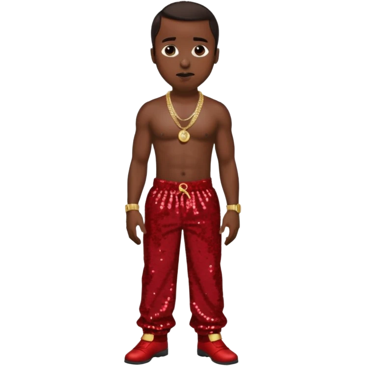 P Diddy with dark brown hair, dark red sequin baggy pants, shirtless with necklace emoji