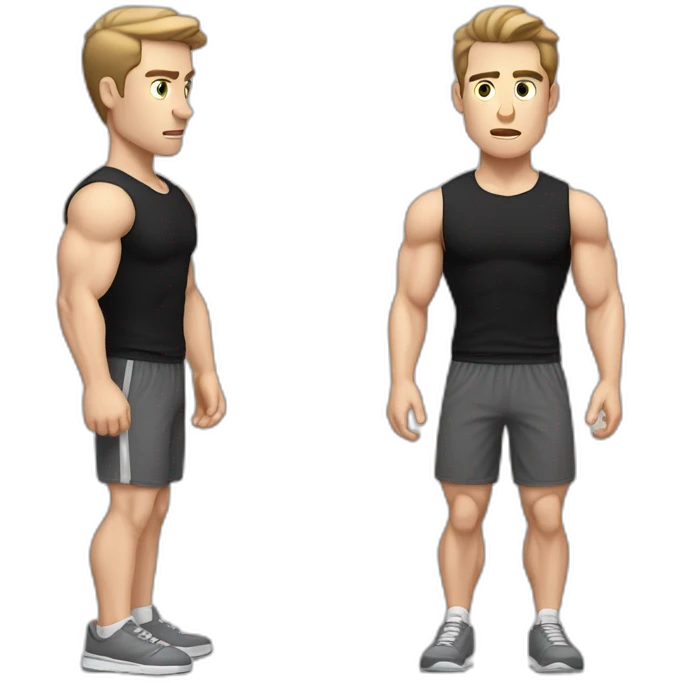 Confused Pale skinned Fit Man With the biceps and dark brown hair in black shirt, gray sports shorts and white Sneakers emoji