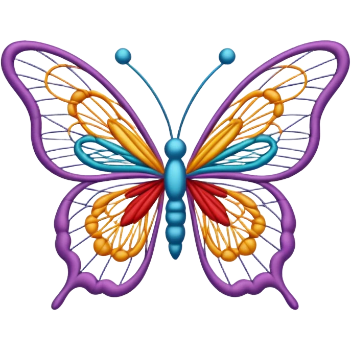 String art icon, colorful butterfly made with threads, wings formed by intricate thread patterns, body of the butterfly with visible thread ball structure, minimalistic style, clean lines, transparent background. emoji