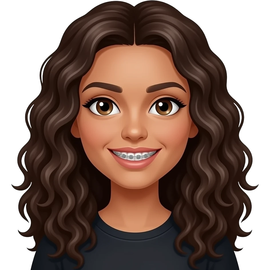 With a grills, Light brown eyes, dark brown long hair, mixed black and white female, longer wavy curly hair emoji