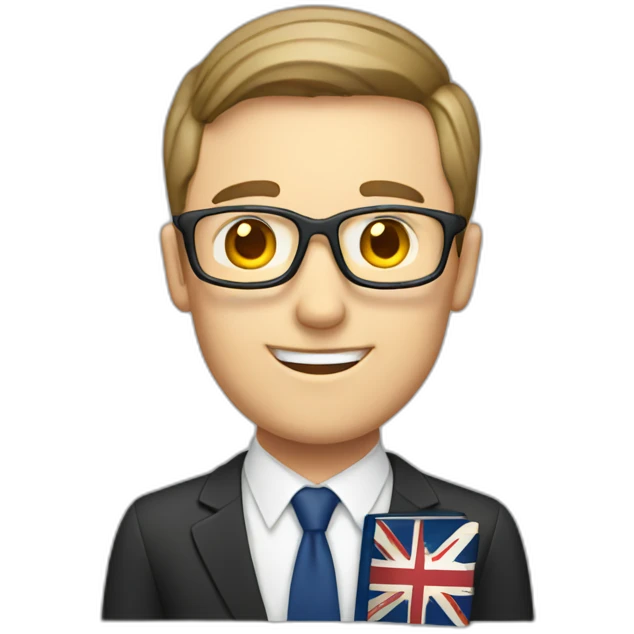 male english teacher with book and british flag emoji