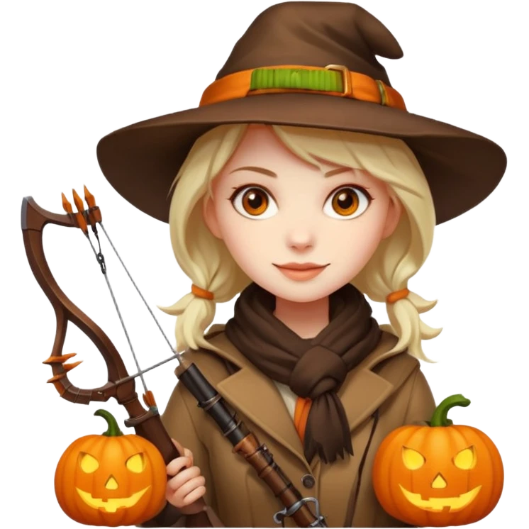female human monster hunter emoji, wearing brown coat and hat, holding crossbow, soft smile, scarf, glowing pumpkin by her side, Halloween fantasy style, clean vector Apple emoji look, bright colors, white background, square emoji