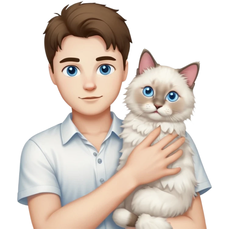 A young handsome Caucasian man in a white shirt holding a ragdoll cat emoji