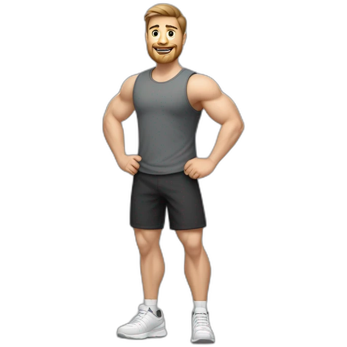 Full height realistic Actively gesturing with hands Pale skinned Fit Man With the biceps and brown hair in dark gray Sleeveless Mike, black oversize sports shorts, watch and white Sneakers emoji