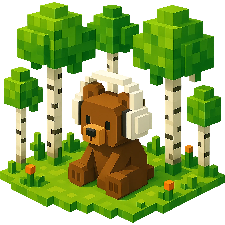 березовый лес, в котором сидит бурый медвежонок в белых наушниках (наушники должны закрывать уши медведя), no background  emoji