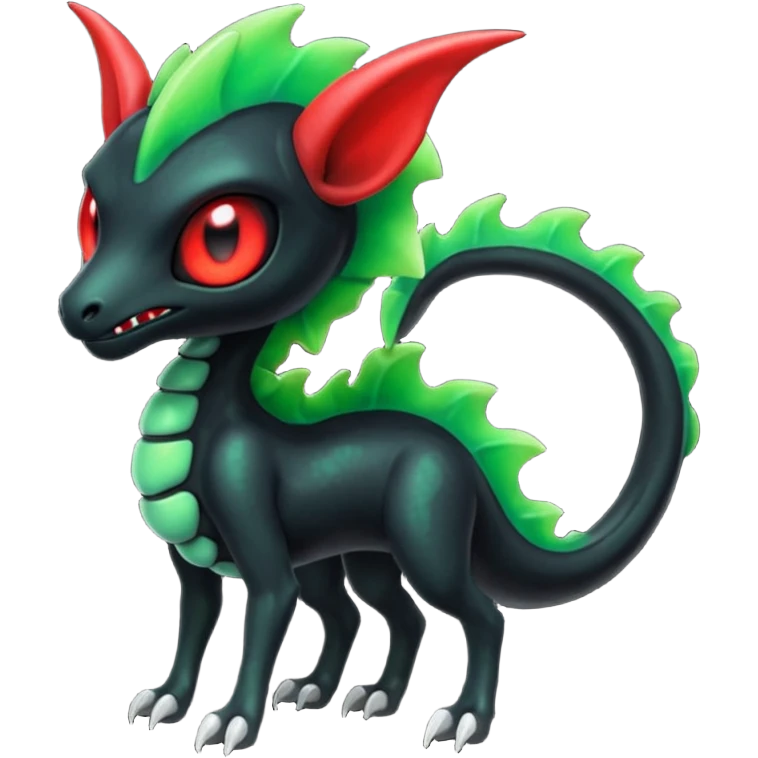 Evil horned glowing scary spooky Obsidian-black and neon-glowing-green skeletal Meloetta-Salandit-Nargacuga-Zygarde-Pokémon-Fakémon-creature-fusion-hybrid with glowing crimson-red evil slit eyes emoji