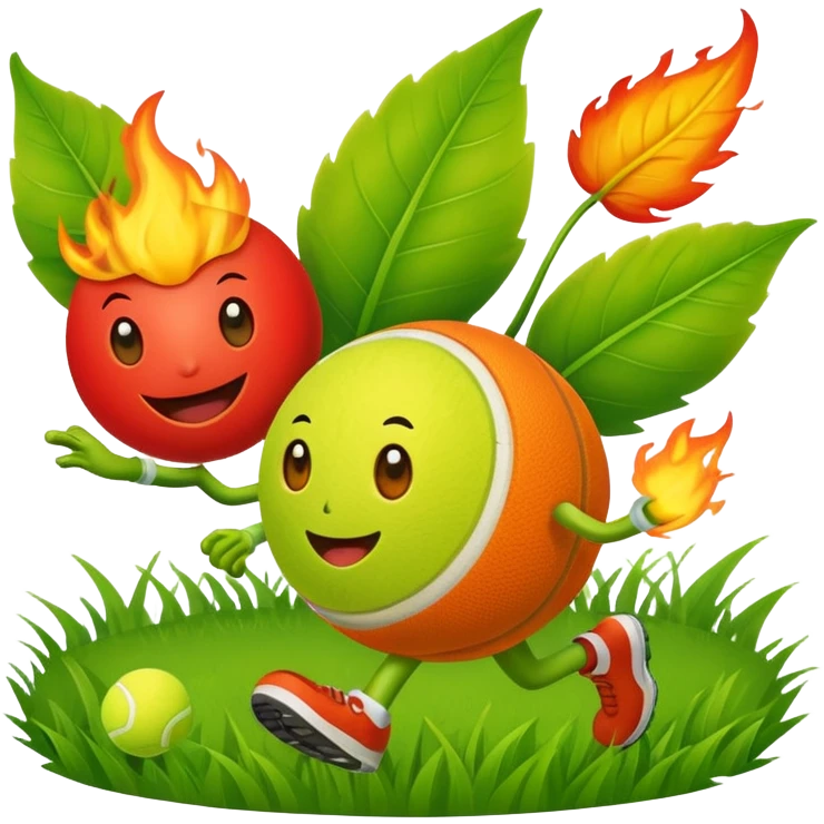 cartoon characters from bfdi, including a leaf, fire, and tennis ball, happily running in a grassy field emoji