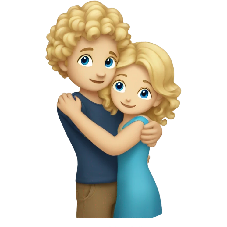 blonde blue eyed girl hugging boy with curly brown hair emoji