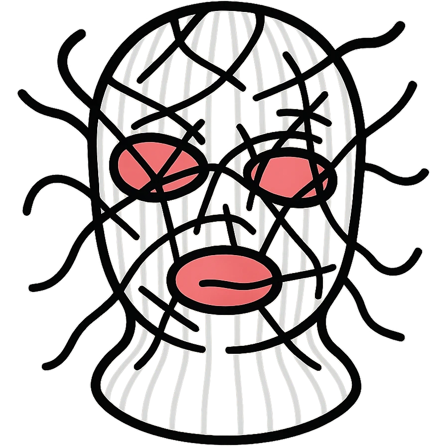 The mask is a full-head, white knitted balaclava with a tight ribbed texture. It features two asymmetrical eye openings and a partially exposed mouth area. Black thread is stitched across the surface in chaotic, abstract lines that trace facial features, giving a hand-drawn effect. Several black cords extend outward from the mask, varying in length and direction, adding a sculptural, almost organic appearance. The overall look is bold, handcrafted, and visually striking. emoji
