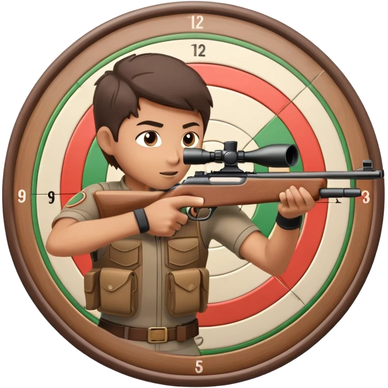 A focused marksman aiming at a target with a rifle, displaying perfect form and concentration. The background includes a target board with concentric rings, emphasizing accuracy and precision in a competitive shooting environment emoji