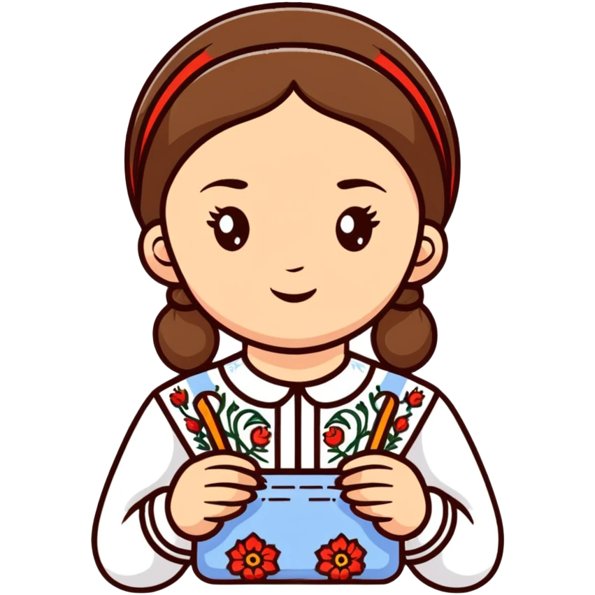 Ukrainian young girl in white embroidered traditional shirt holding needlework tools emoji