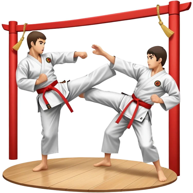 Two karate fighters in traditional gi sparring. One executes a high kick aimed at the opponent’s head, while the other blocks with a strong hand defense. The background features a classic dojo with wooden flooring and banners. Dynamic motion and focused expressions. Transparent background. emoji