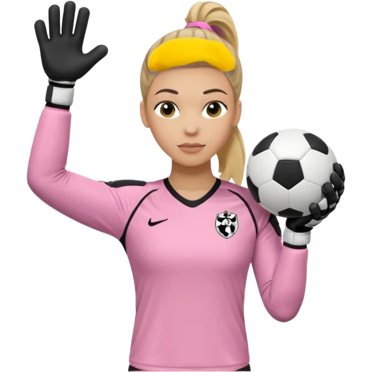 Make a dirty blonde football goalkeeper with goalkeeper gloves on. light skinned and wearing a light pink football kit. Wearing one ponytail on back of head. Make it without the whole body. With full sleeves. No RUGBY BALL JUST BLACK AND WHITE BALL. Holding ball under armpit. Other hand hanging down emoji