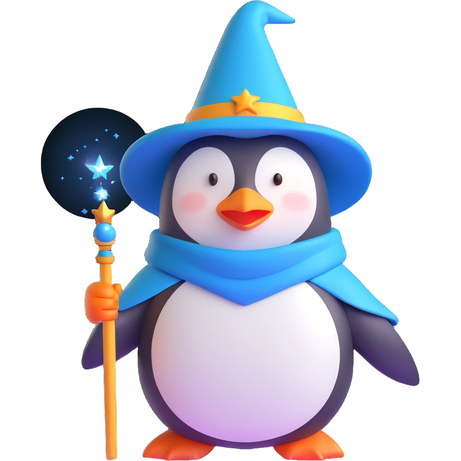 A three-dimensional, vibrant penguin wizard with a pointy hat and a magic wand emoji