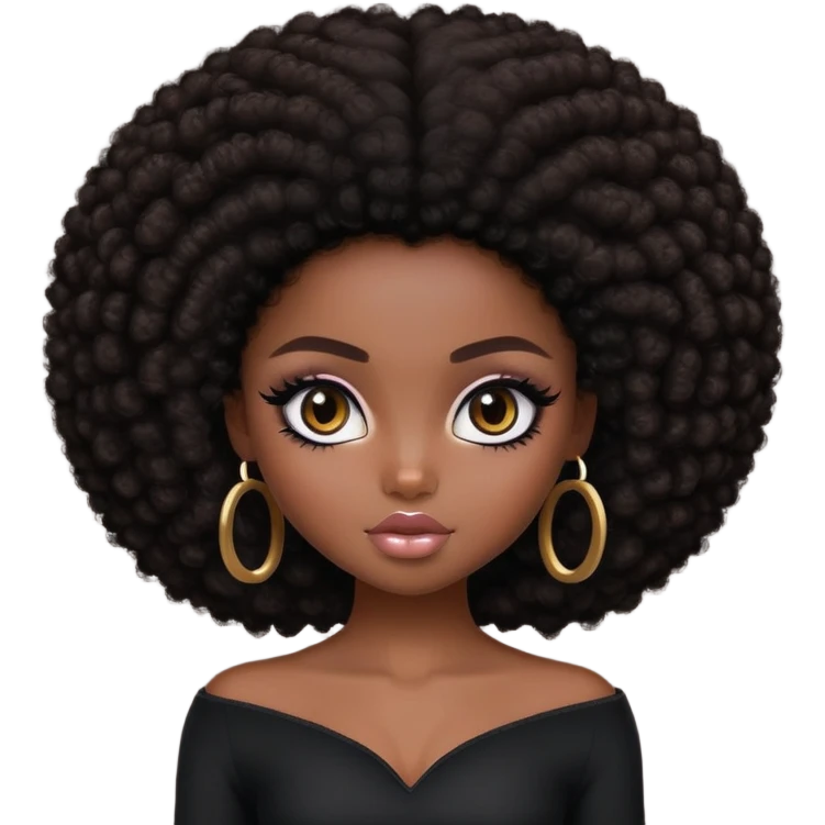 pretty bratz girl, dark skin, dark brown afro, dark brown eyes, black eyeliner, deep black skin emoji