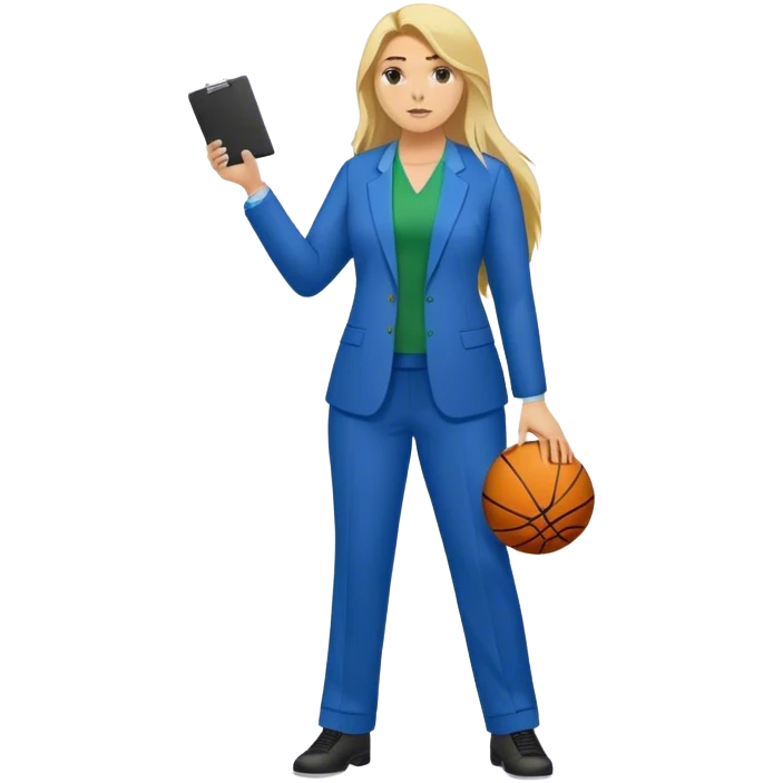 Full Body white plus size female basketball head coach using a clipboard with long blonde hair in a blue and green suit emoji