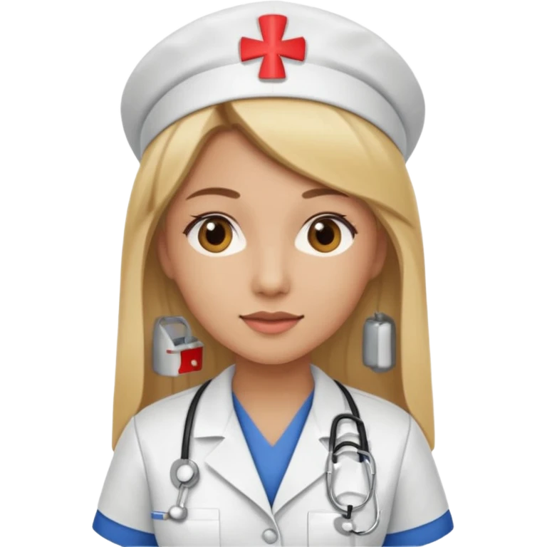 Mujer color de piel moreno claro, con cabello rubio largo, lacio y suelto, de enfermera emoji