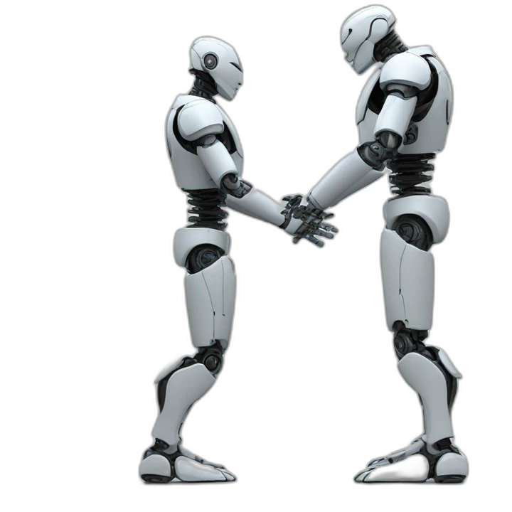 robot stretch shake hands with human， chest Shot, lateral view emoji