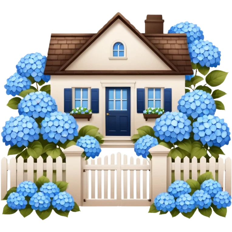 Brown house, white shutters, white fence, blue hydrangeas all over emoji