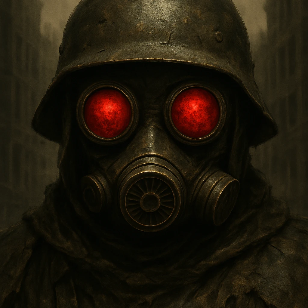Add a helmet and zoom in on the face of the post apocalyptic soldier wearing a gas mask with red eyes, keep the gritty style, detailed and intense atmosphere. emoji