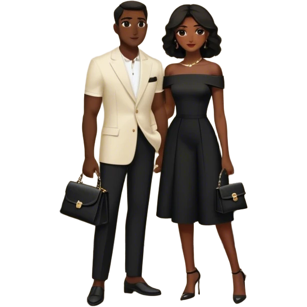 the man dressed in all black, and the woman in an elegant off-shoulder cream-colored outfit with a matching handbag. The background features a textured stone wall, an iron window, and lush greenery, adding a timeless, vintage charm to the scene. Arabic couple  emoji