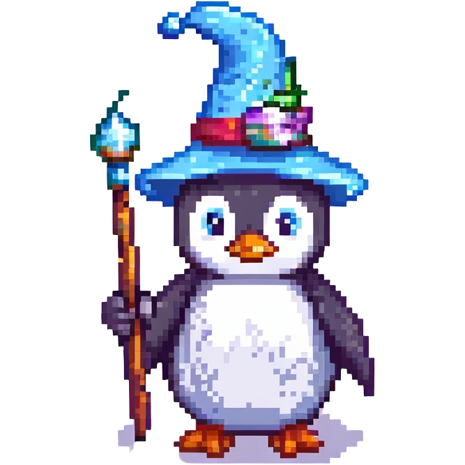 A blocky, retro penguin wizard with a pointy hat and a magic wand emoji