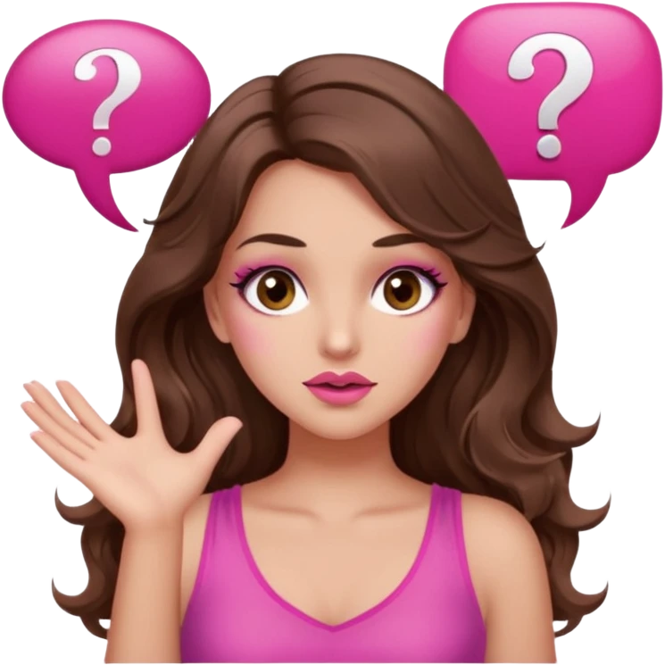 girl with long wavy brown hair, brown eyes, long lashes makeup, sexy pink lips, light to medium complexion, wearing a pink sexy top, shugging, question mark one speech bubble emoji