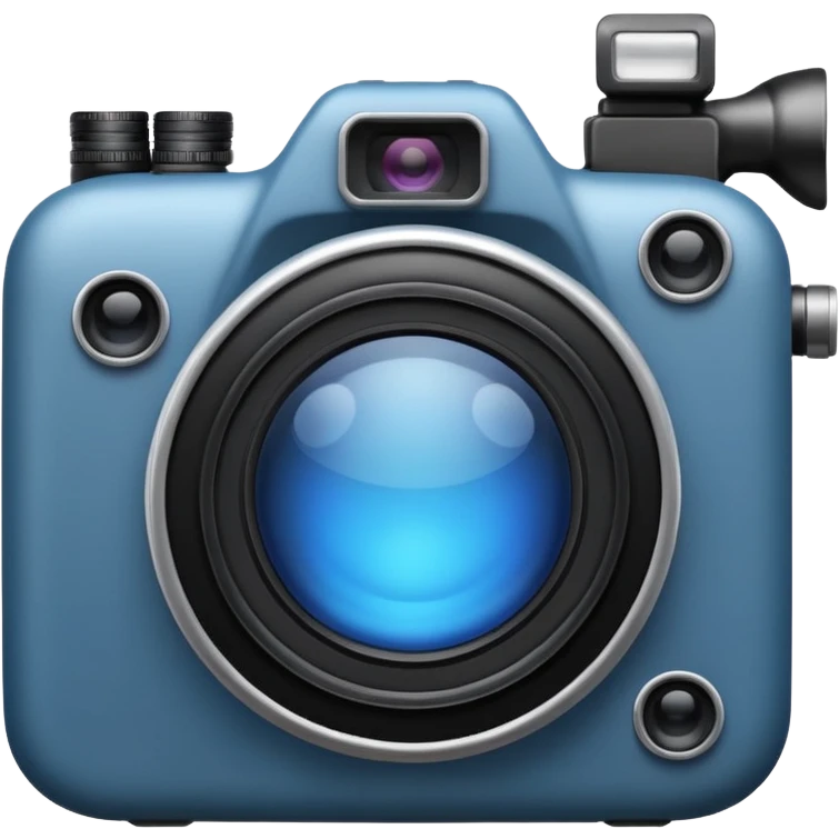 A minimalistic emoji of a camera in Apple iPhone emoji style. Flat design, smooth gradients, rounded edges, soft shadows, high resolution, clean and simple look. Neutral gray and black tones with a blue lens reflection. White background, no text emoji