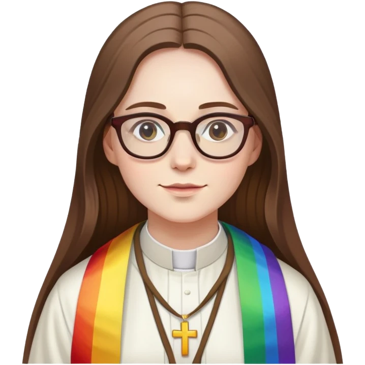 Female priest with glasses, long brown hair, pale skin rainbow stole emoji