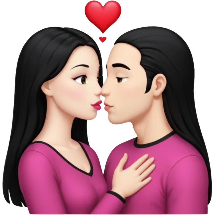 👩🏻‍❤️‍💋‍👨🏻 this one but the man should be bald. white woman with long black hair and white bald young man whoitiut hair and a heart between their heads. she has pink lips and both have brown eyes. emoji