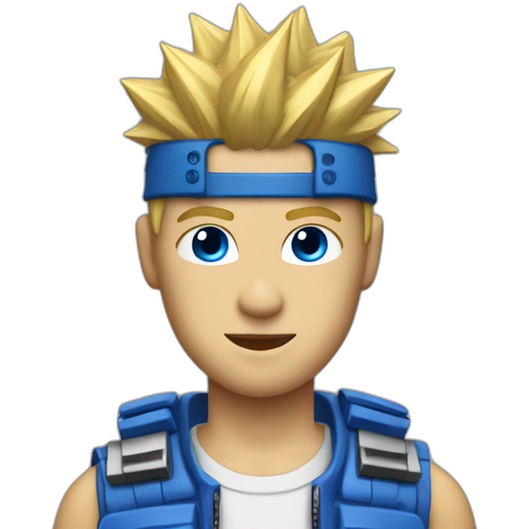 guy with blonde spiked hair, motherboard visor, blue supreme shirt and wink-blink face emoji