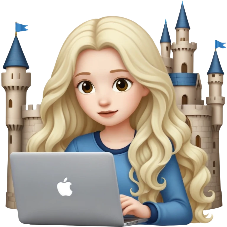 Emociones de una chica con cabello castillo largo ondeado en su laptop o celular emoji