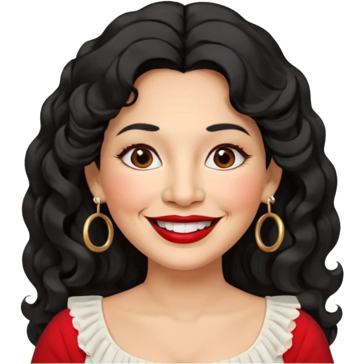 60 yr old peruvian woman, slightly chubby, wavy/curly long black hair, red lipstick, big smile, white teeth, brown eyes, hoop earings, side part to hair, round face, pretty white dress, hair side swept emoji